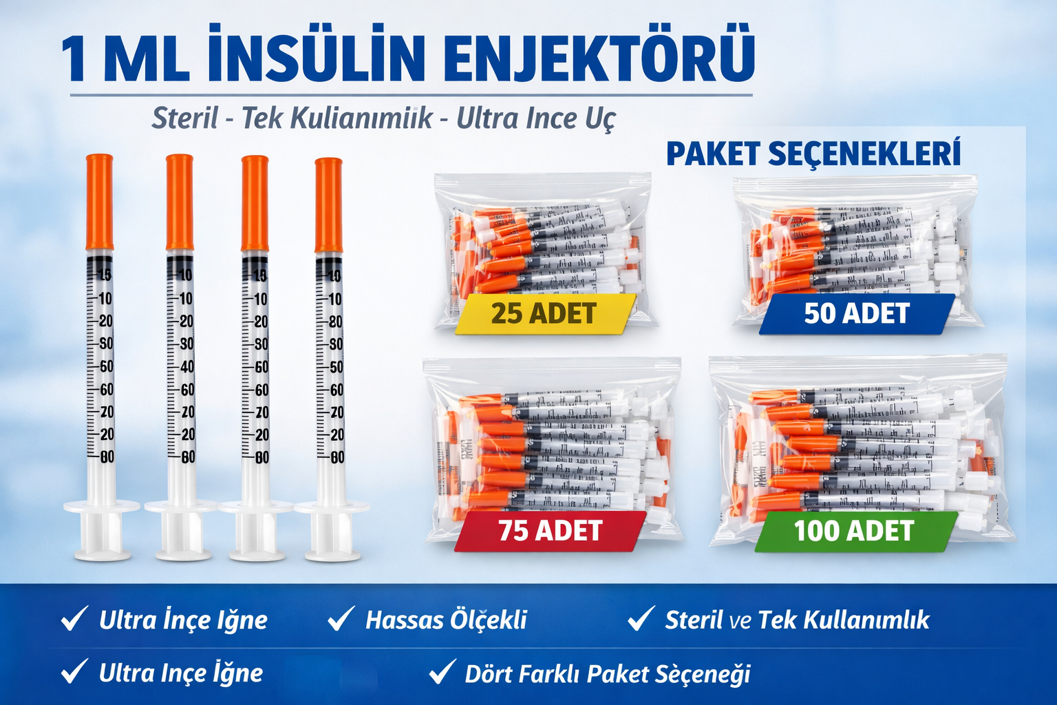 1 ML İnsülin Enjektörü – Steril Tek Kullanımlık Ultra İnce Uç