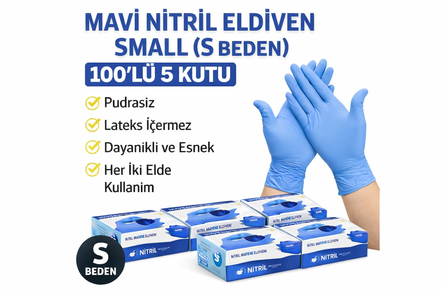 Mavi Nitril Eldiven Small S Beden Pudrasız 100’lü 5 Kutu Tek Kullanımlık Muayene Eldiveni Lateksiz Koruyucu Eldiven Seti