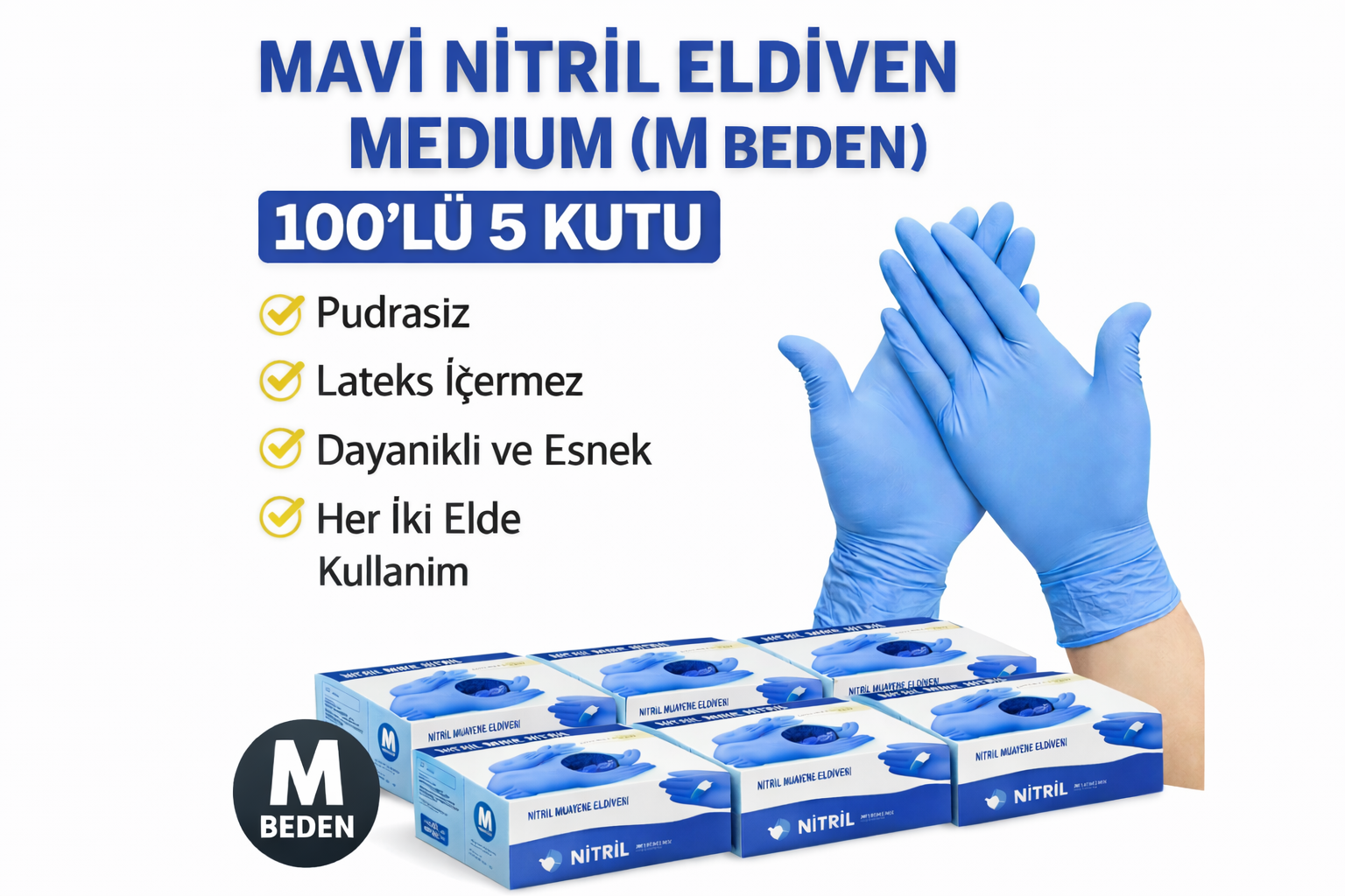 Mavi Nitril Eldiven Medium M Beden Pudrasız 100’lü 5 Kutu Tek Kullanımlık Muayene Eldiveni Lateksiz Koruyucu Eldiven Seti