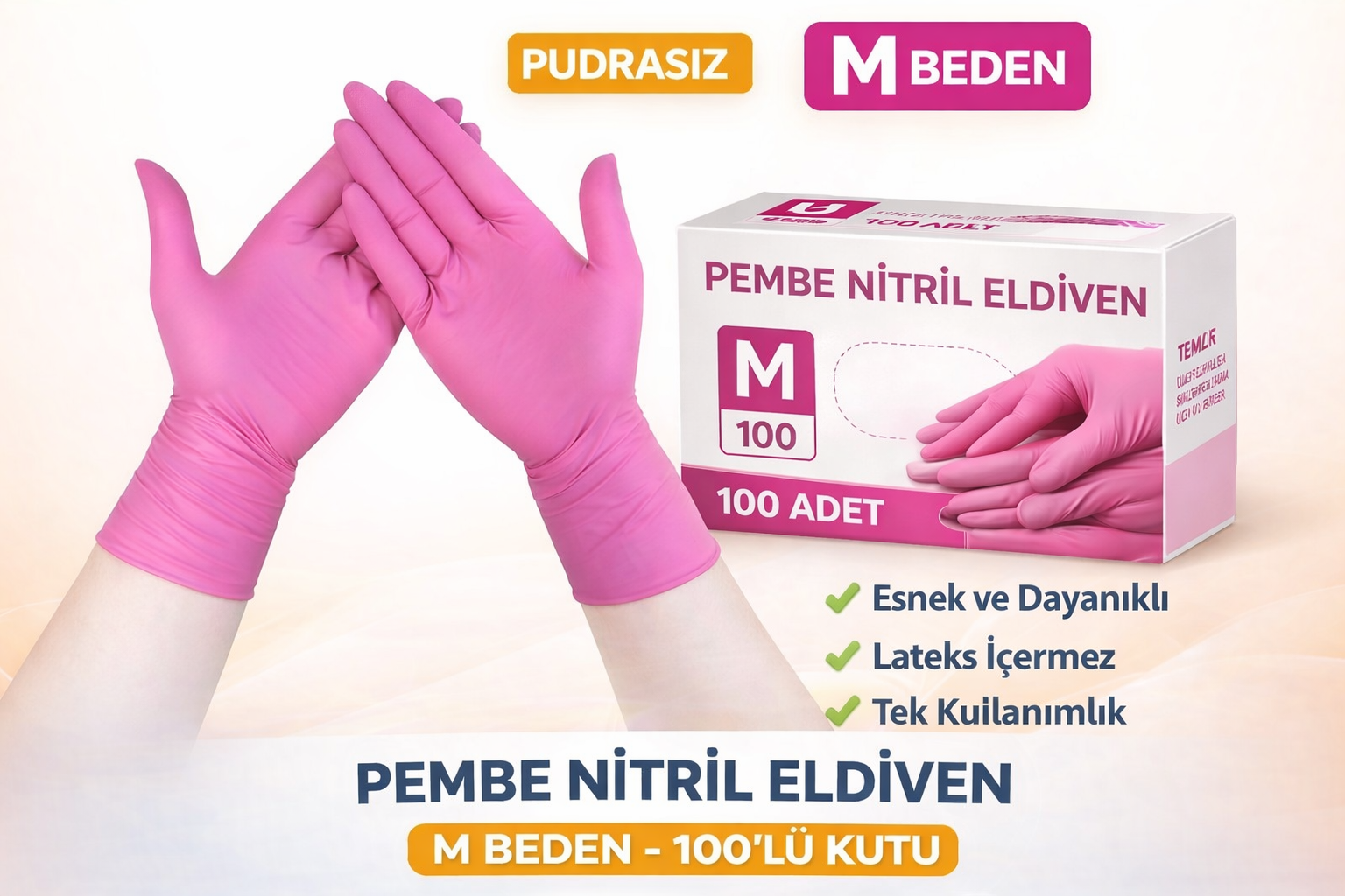 Pembe Nitril Eldiven M Beden Pudrasız 100’lü 1 Kutu Tek Kullanımlık Dayanıklı Muayene Eldiveni