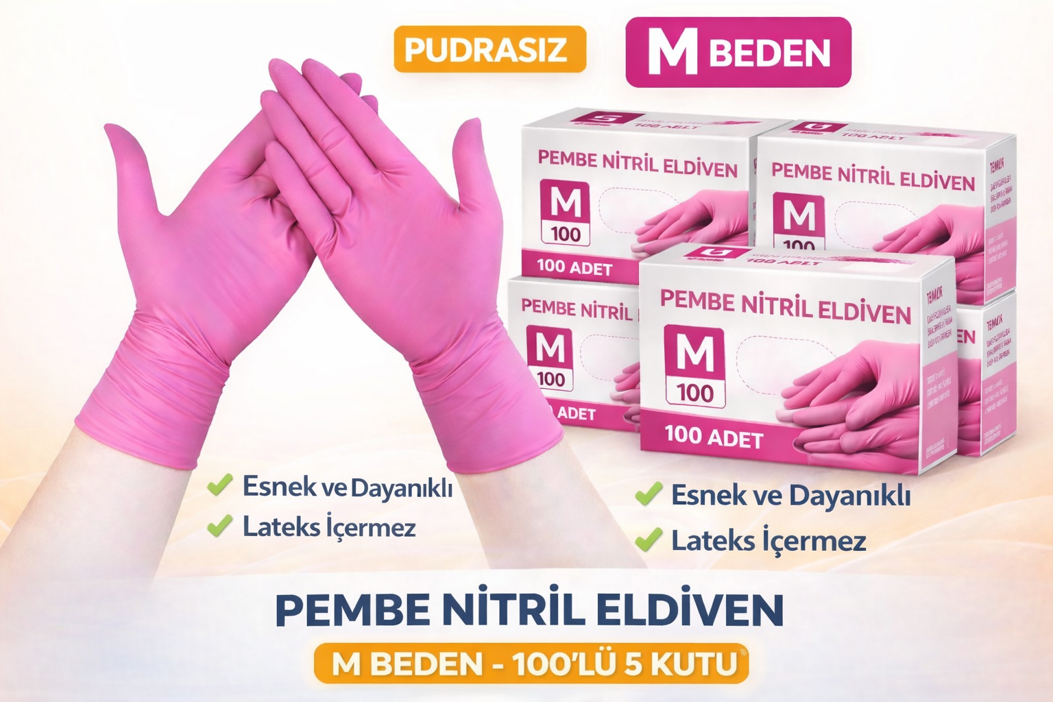 Pembe Nitril Eldiven M Beden Pudrasız 100’lü 5 Kutu Tek Kullanımlık Dayanıklı Muayene Eldiveni Toplu Paket
