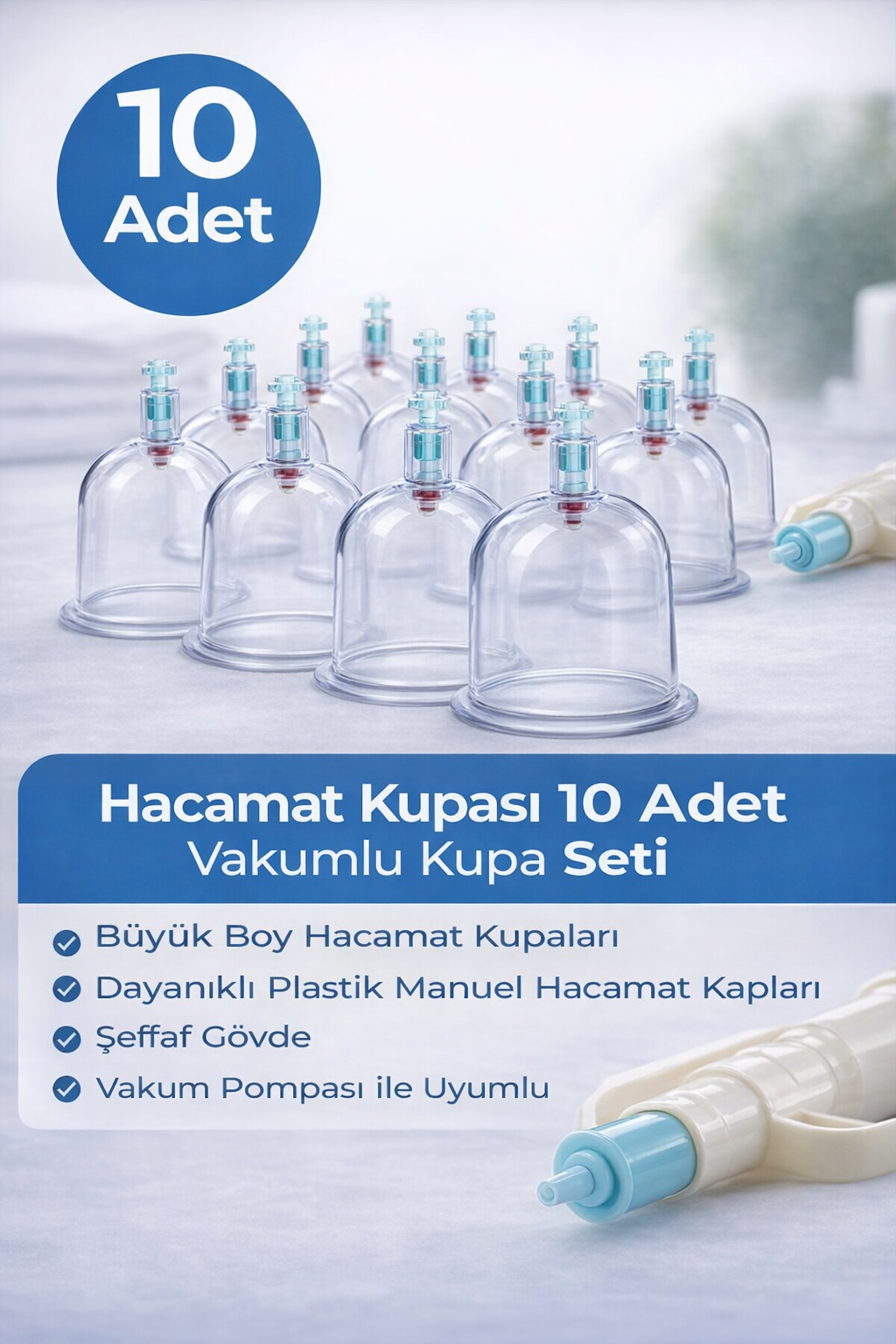 5 Numara Hacamat Kupası 10 Adet Vakumlu Kupa Seti – Manuel Pompa Uyumlu Şeffaf Plastik Hacamat Kabı