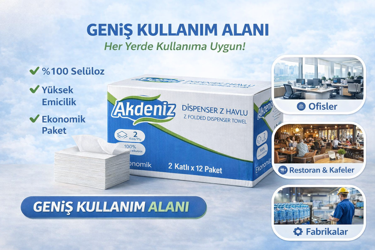 Akdeniz Dispenser Z Havlu 2 Katlı 12 Paket | %100 Selüloz | Ekonomik Z Katlı Kağıt Havlu