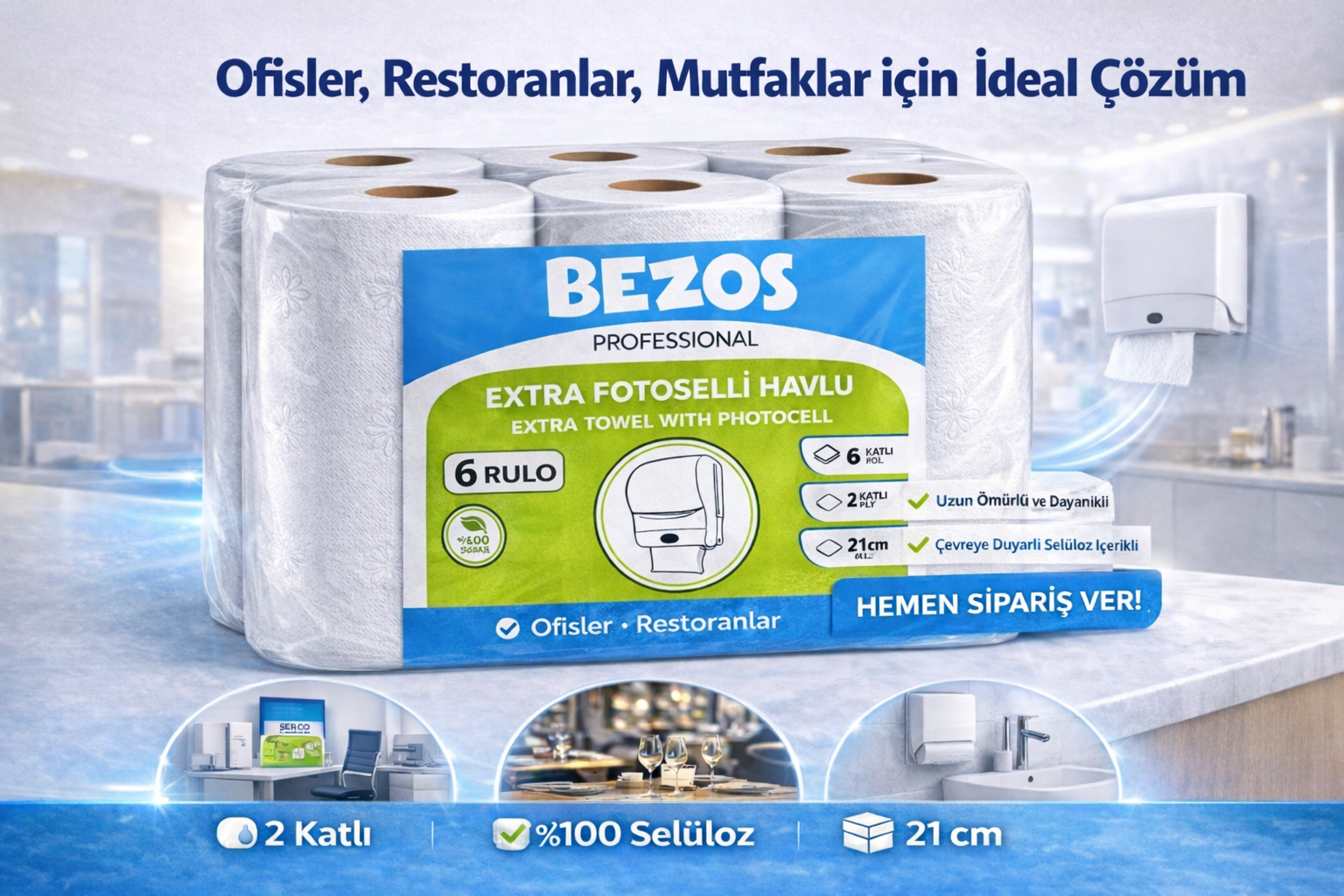 Bezos Professional Fotoselli Havlu 6 Rulo – 2 Katlı %100 Selüloz 21 cm Endüstriyel Kağıt Havlu