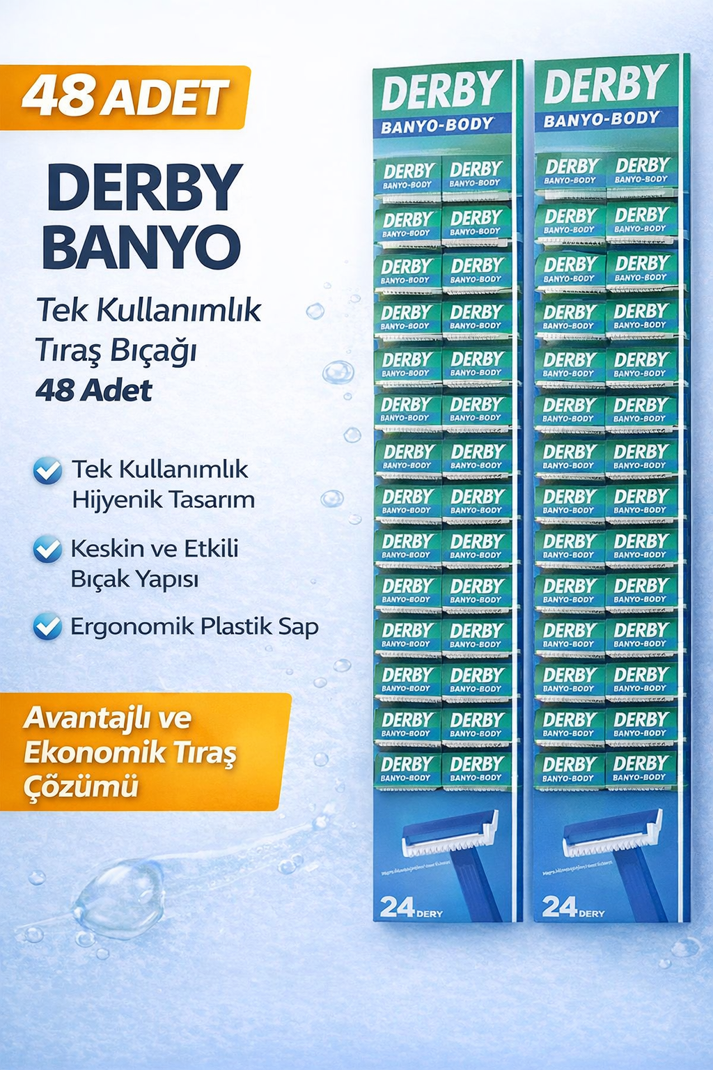 Derby Banyo Tek Kullanımlık Tıraş Bıçağı 48 Adet  Ekonomik Paket Plastik Saplı Tıraş Jileti