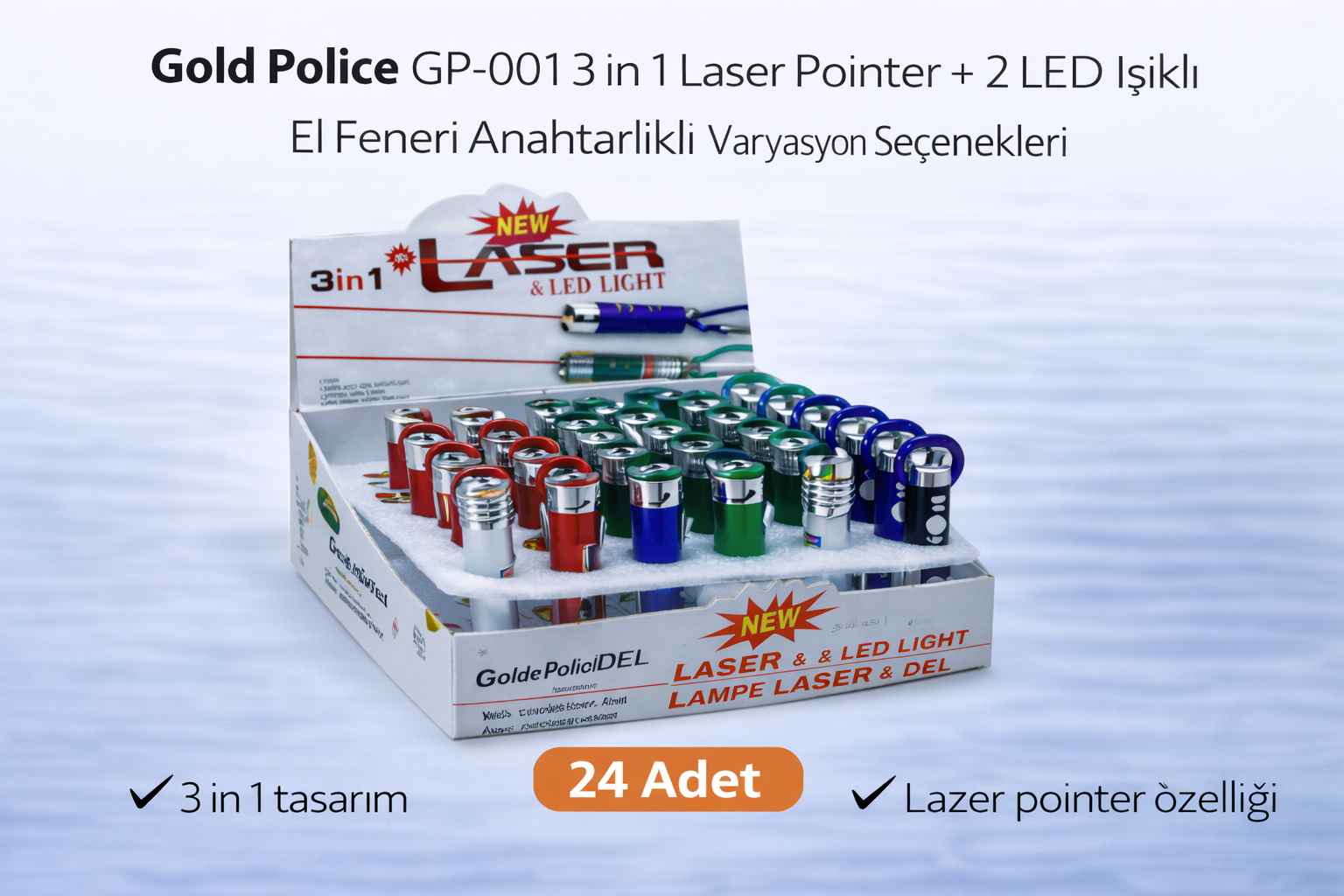 Gold  GP-001 3 in 1 Lazer + 2 LED Işıklı El Feneri Anahtarlıklı 24 Adet