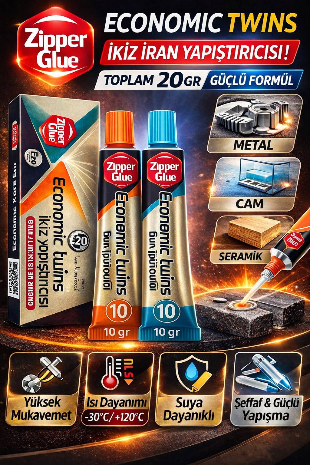 Zipper Glue İkiz İran Yapıştırıcısı 20 Gr A+B Ekonomik Twins Güçlü Metal Plastik Cam Seramik Yapıştırıcı 1 Kutu