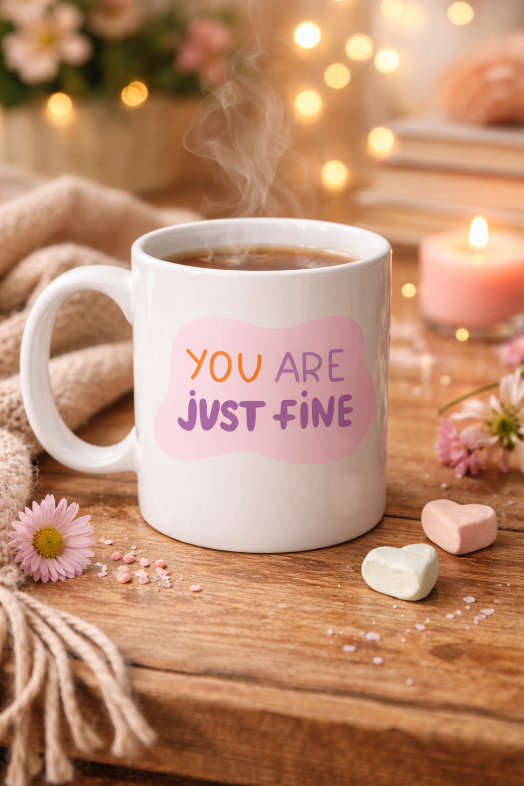 “You Are Just Fine” , "OLDUĞUN HALİNLE YETERLİSİN İYİSİN " Yazılı Porselen Kupa MODEL 150 – Motive Edici, Sıcak Tasarımlı Kahve & Çay Kupası – Hediye Seçeneği