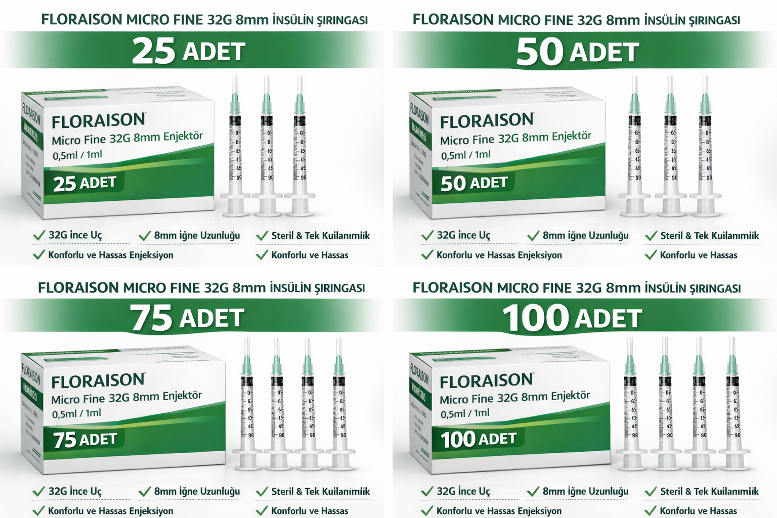 Floraison Micro Fine 32G 8mm Enjektör İnsülin Şırıngası