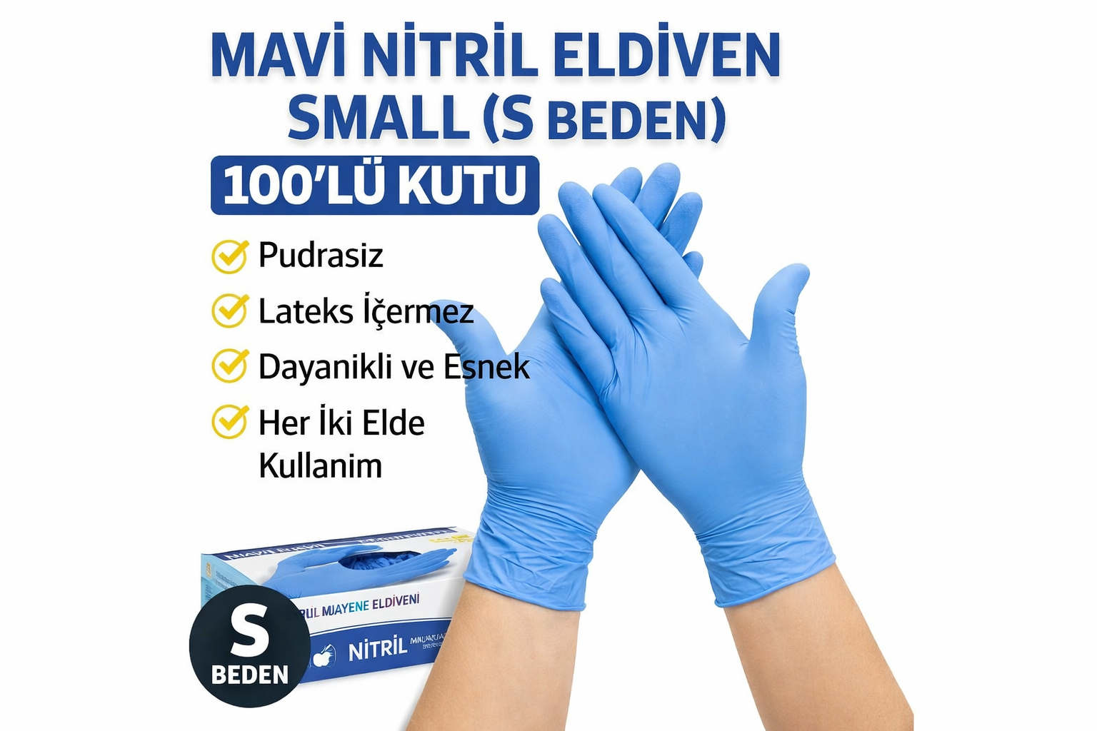 Mavi Nitril Eldiven Small S Beden Pudrasız 100’lü 1 Kutu Tek Kullanımlık Muayene Eldiveni Lateksiz Koruyucu Eldiven