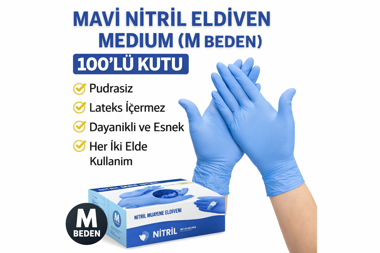Mavi Nitril Eldiven Medium M Beden Pudrasız 100’lü 1 Kutu Tek Kullanımlık Muayene Eldiveni Lateksiz Koruyucu Eldiven