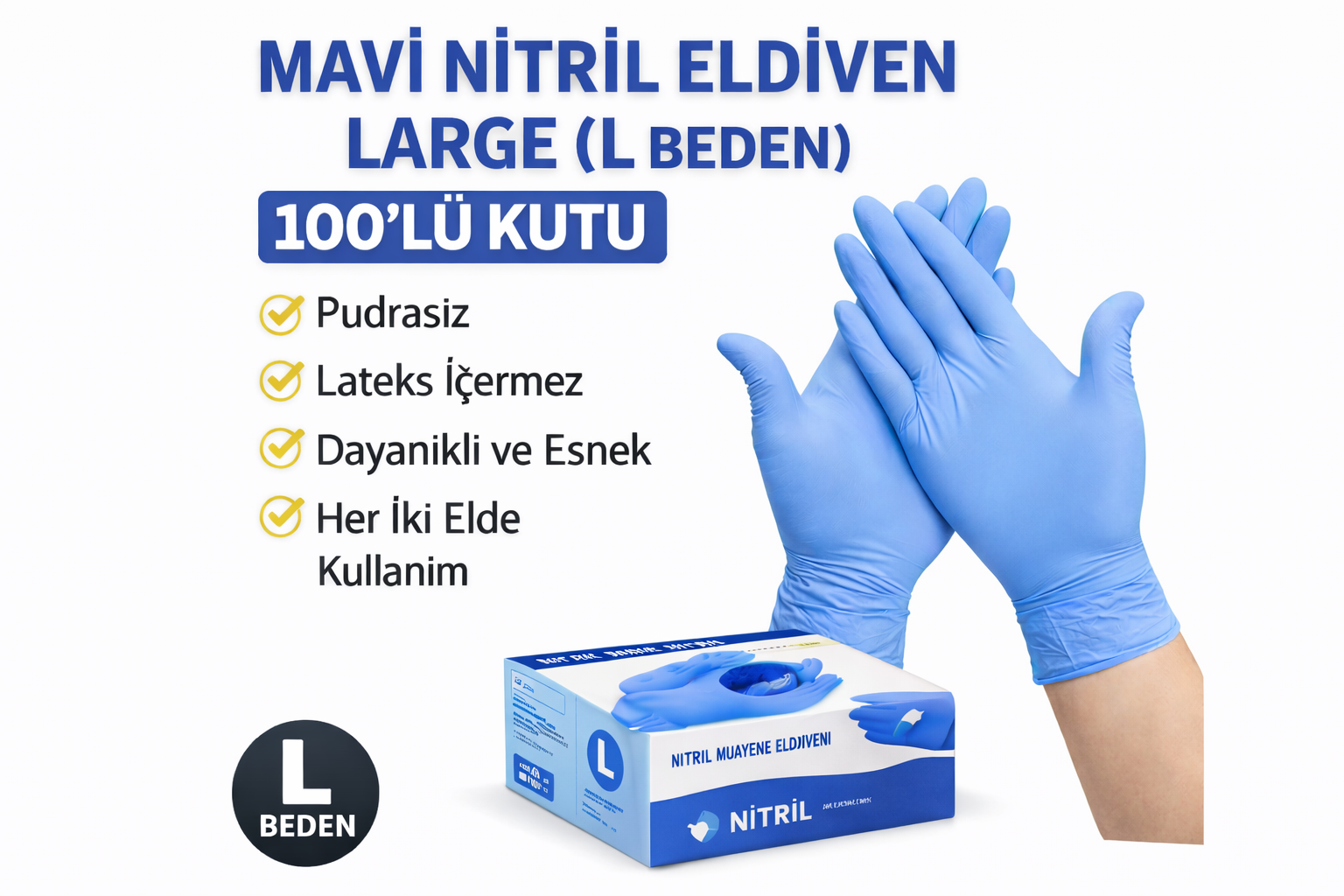 Mavi Nitril Eldiven Large L Beden Pudrasız 100’lü 1 Kutu Tek Kullanımlık Muayene Eldiveni Lateksiz Koruyucu Eldiven