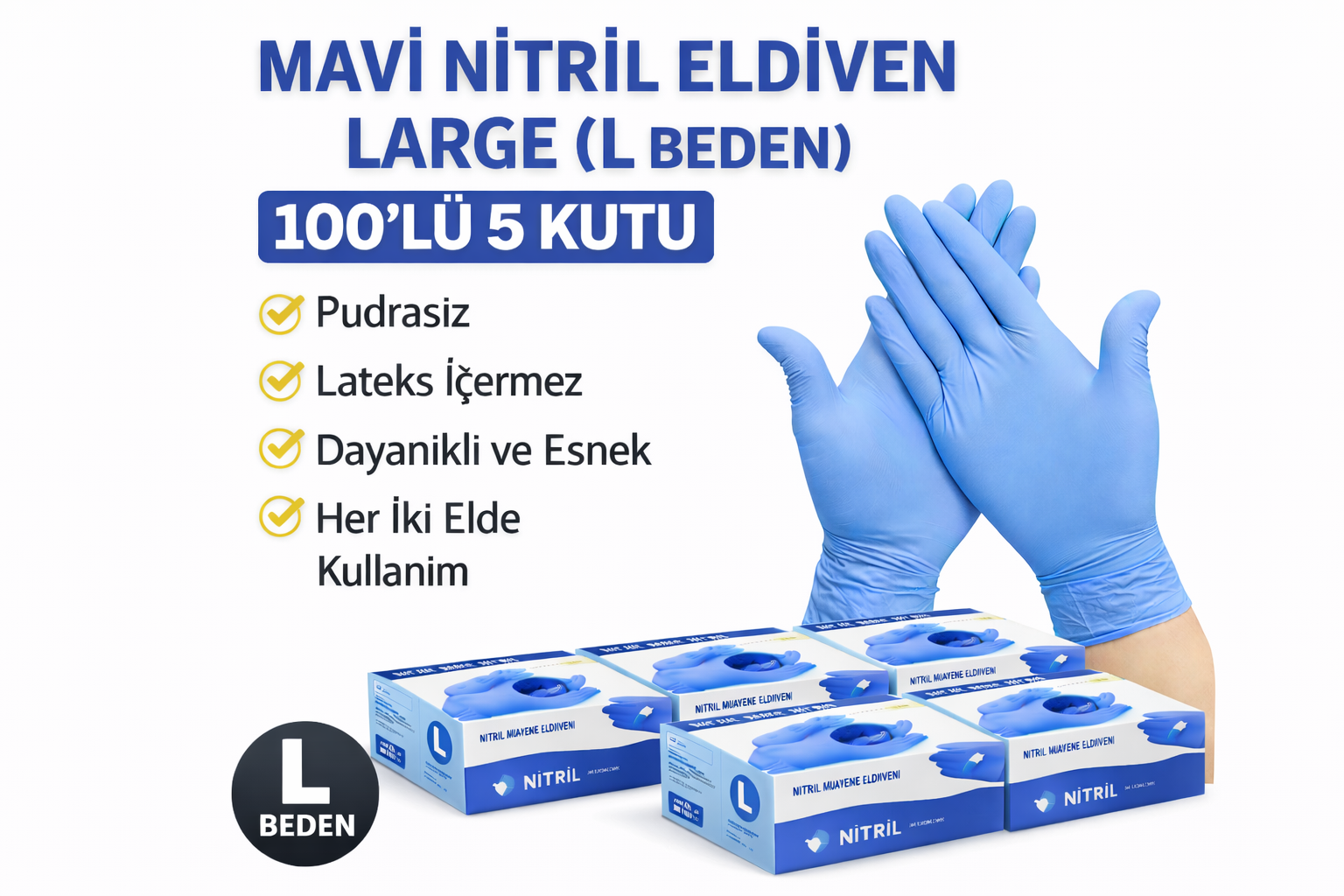 Mavi Nitril Eldiven Large L Beden Pudrasız 100’lü 5 Kutu Tek Kullanımlık Muayene Eldiveni Lateksiz Koruyucu Eldiven Seti