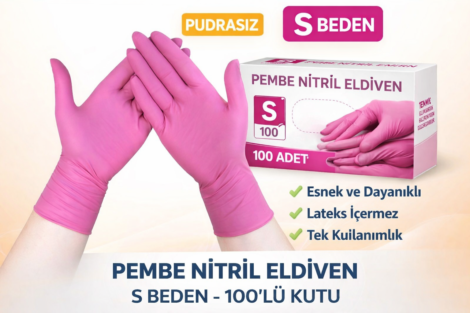 Pembe Nitril Eldiven S Beden Pudrasız 100’lü 1 Kutu Tek Kullanımlık Dayanıklı Muayene Eldiveni