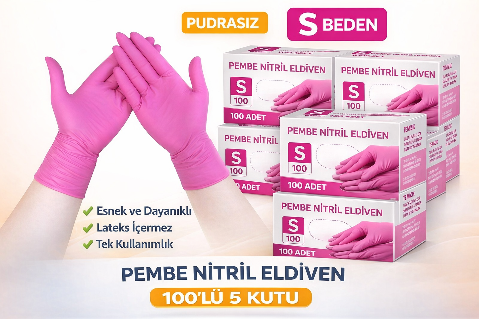 Pembe Nitril Eldiven S Beden Pudrasız 100’lü 5 Kutu Tek Kullanımlık Dayanıklı Muayene Eldiveni Toplu Paket