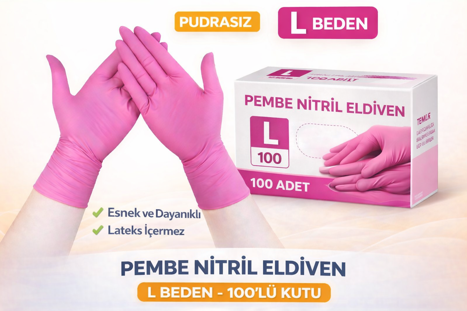 Pembe Nitril Eldiven L Beden Pudrasız 100’lü 1 Kutu Tek Kullanımlık Dayanıklı Muayene Eldiveni