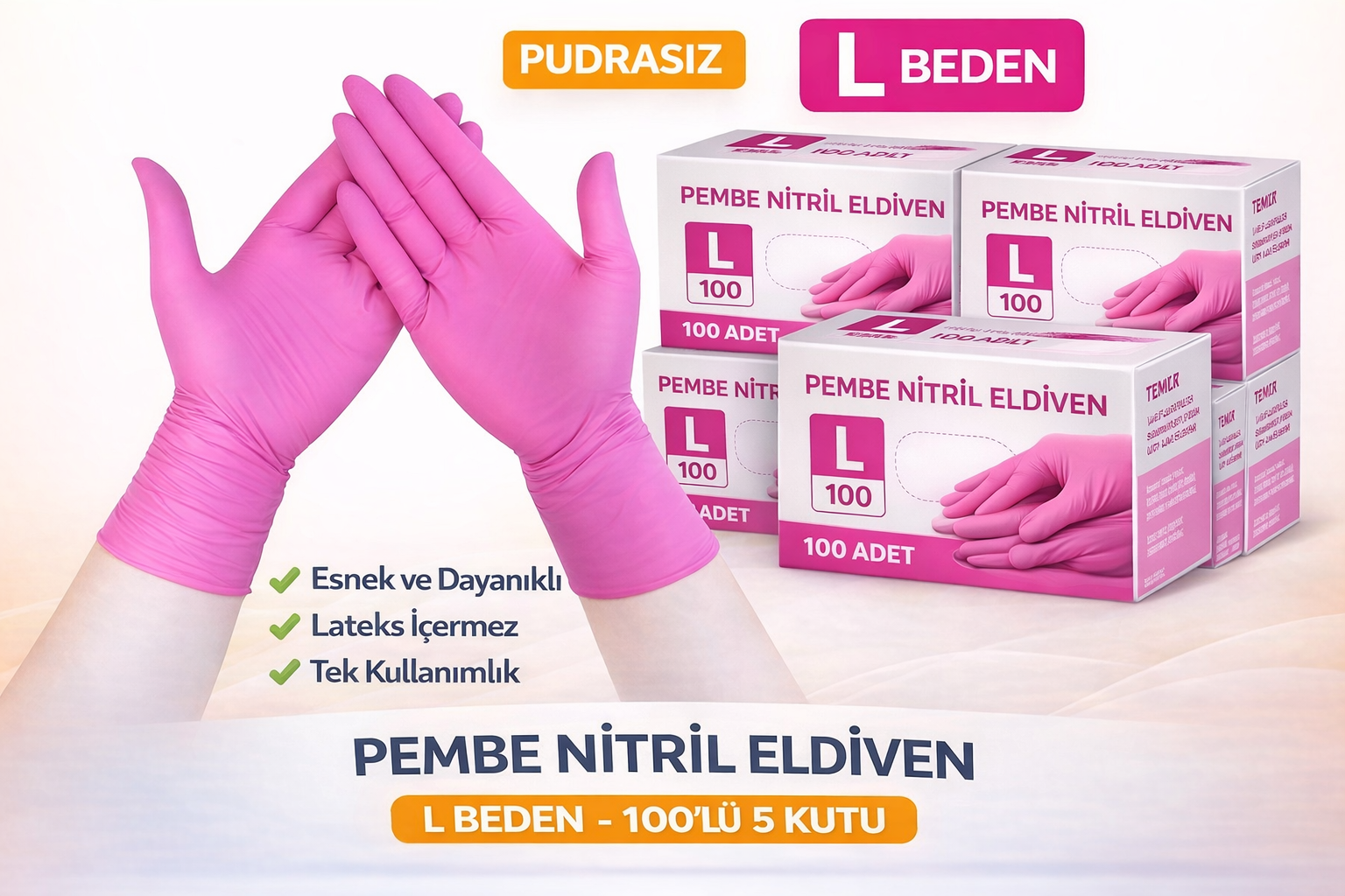 Pembe Nitril Eldiven L Beden Pudrasız 100’lü 5 Kutu Tek Kullanımlık Dayanıklı Muayene Eldiveni Toplu Paket