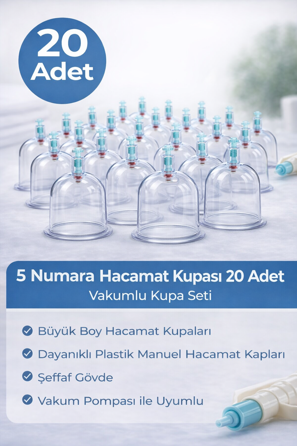 5 Numara Hacamat Kupası 20 Adet Vakumlu Kupa Seti – Manuel Pompa Uyumlu Şeffaf Plastik Büyük Boy Hacamat Kabı