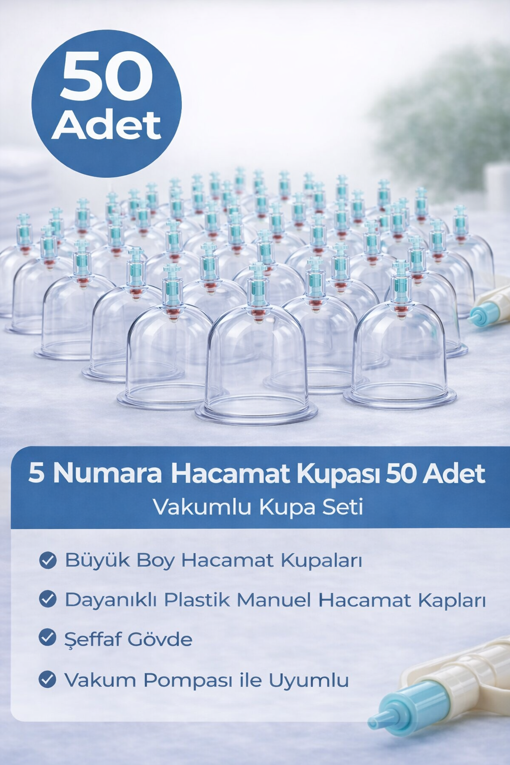 5 Numara Hacamat Kupası 50 Adet Vakumlu Kupa Seti – Manuel Pompa Uyumlu Şeffaf Plastik Büyük Boy Hacamat Kabı