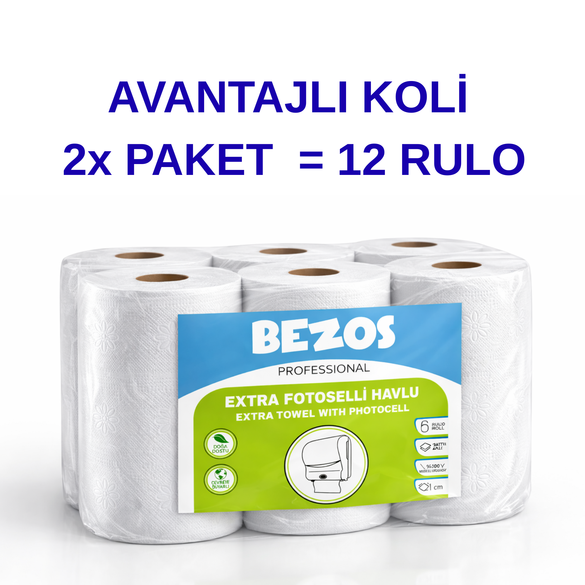 Bezos Professional Fotoselli Havlu 12 Rulo – 2 Katlı %100 Selüloz 21 cm Endüstriyel Kağıt Havlu 2X6 Rulo