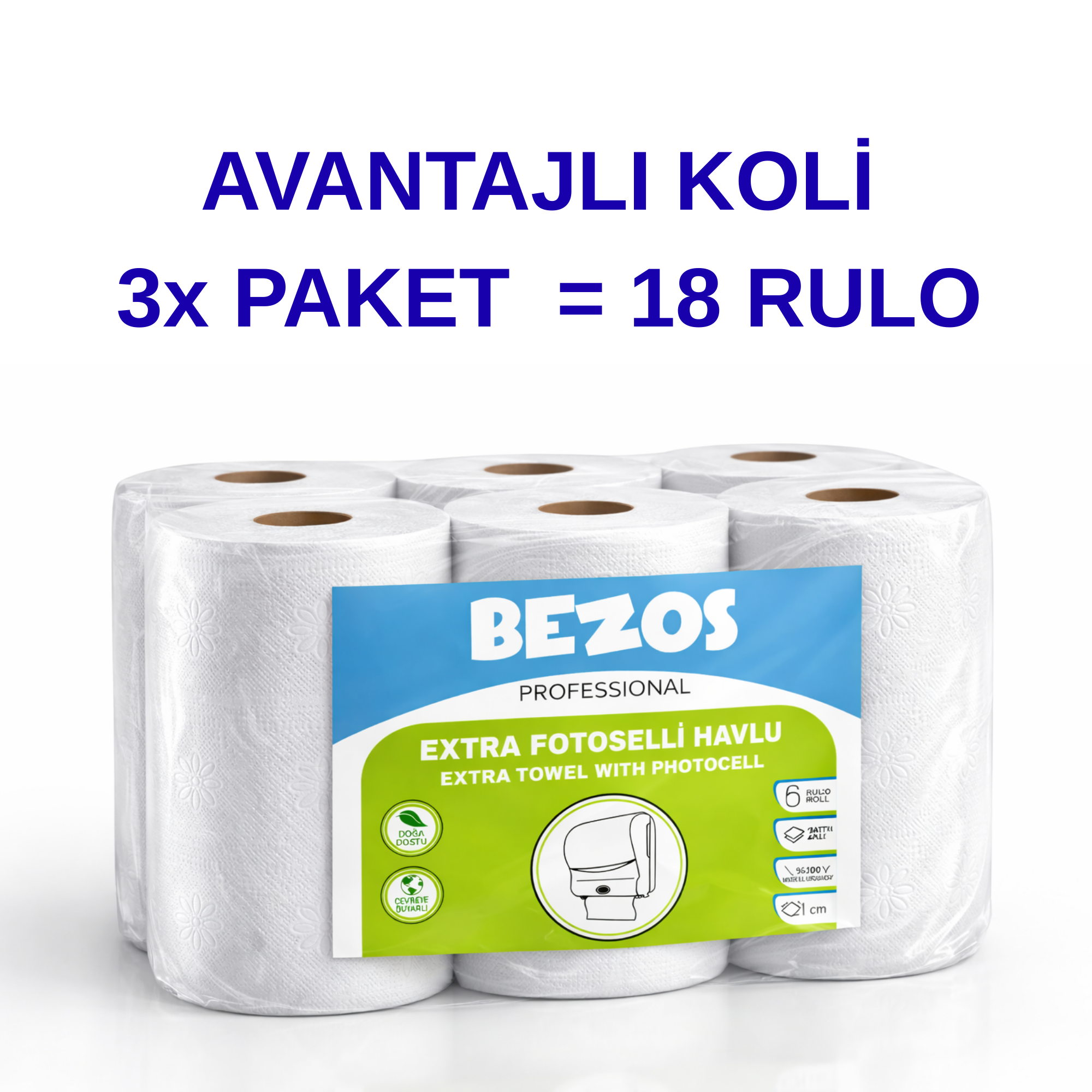 Bezos Professional Fotoselli Havlu 18 Rulo – 2 Katlı %100 Selüloz 21 cm Endüstriyel Kağıt Havlu 3X6 Rulo