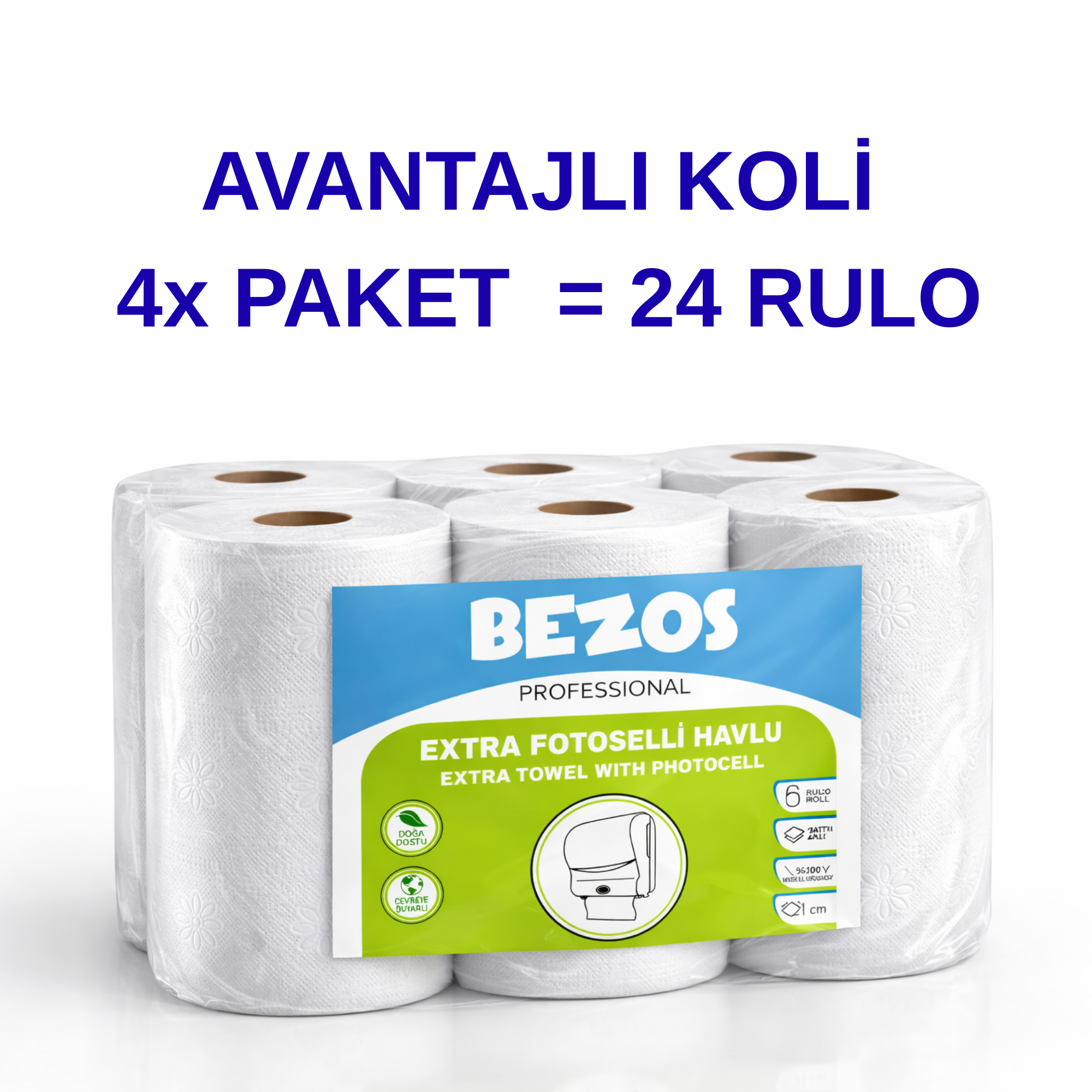 Bezos Professional Fotoselli Havlu 24 Rulo – 2 Katlı %100 Selüloz 21 cm Endüstriyel Kağıt Havlu 4X6 Rulo