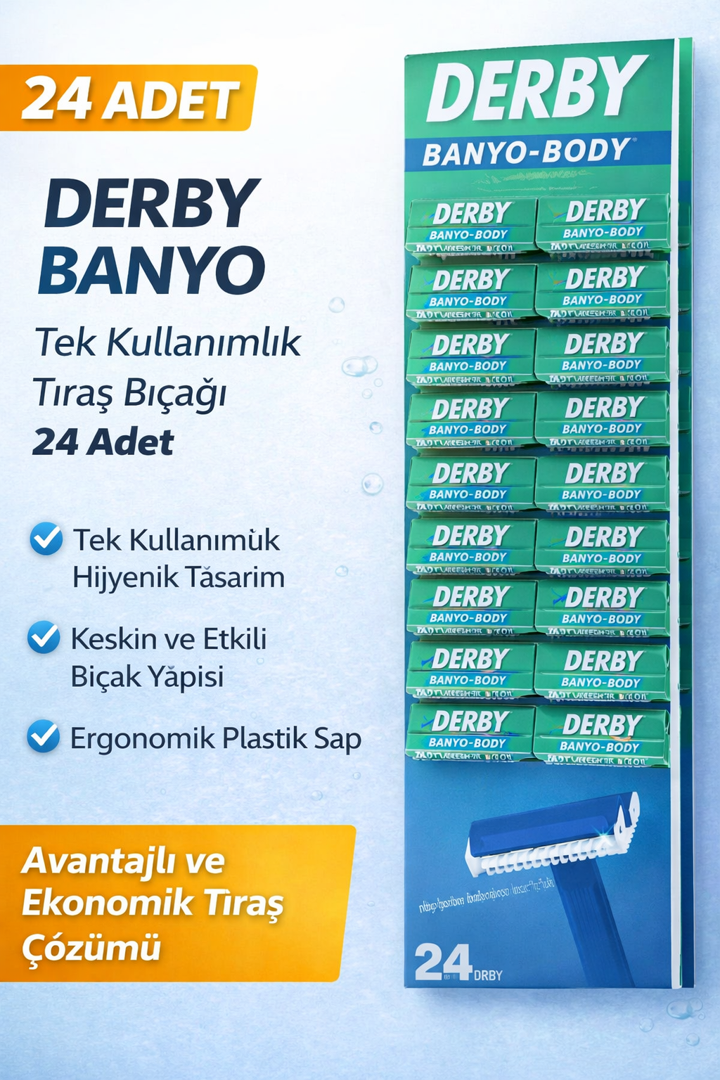 Derby Banyo Tek Kullanımlık Tıraş Bıçağı 24 Adet  Paket Plastik Saplı Ekonomik Tıraş Jileti