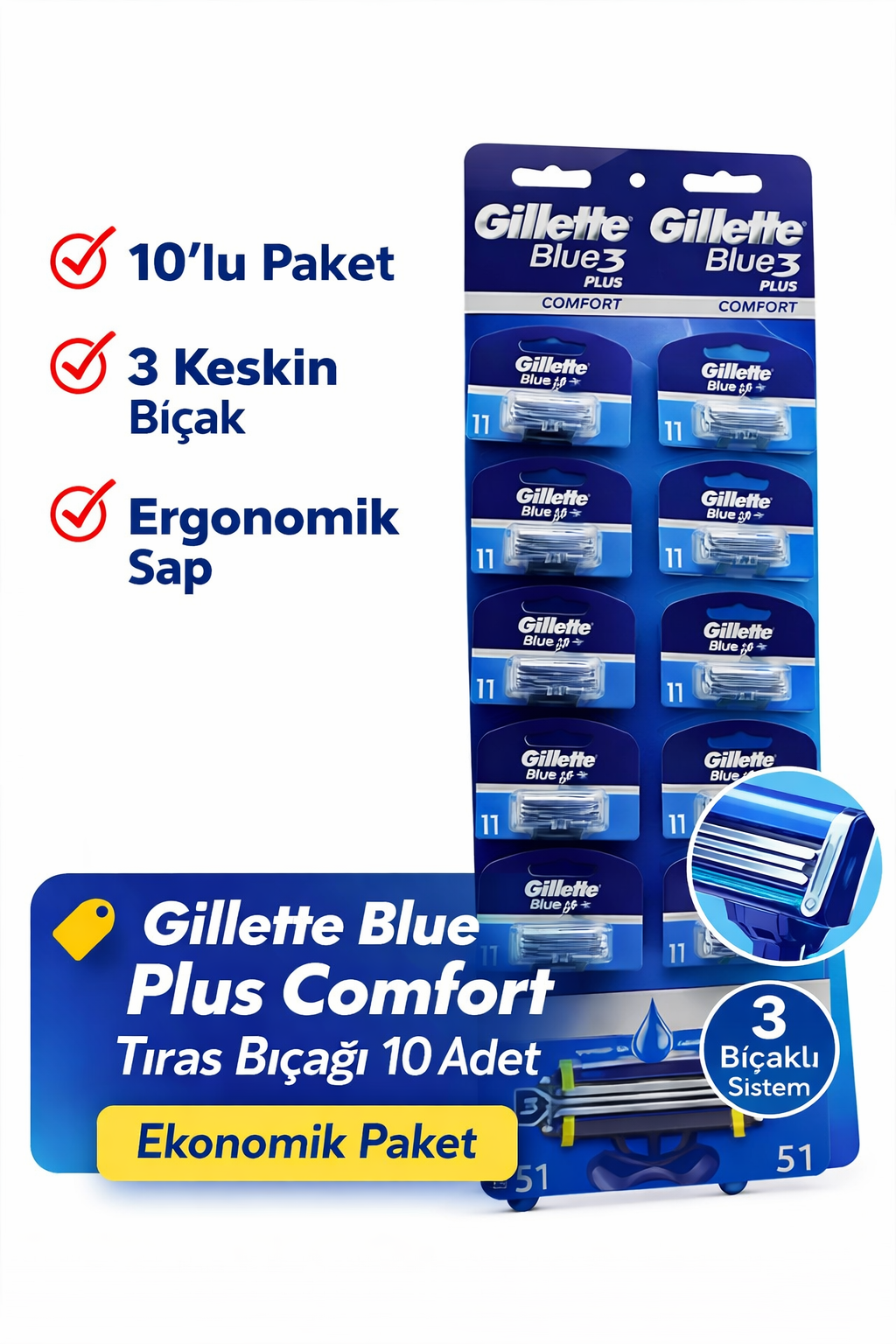 Jilet Blue 3 Plus Comfort Tıraş Bıçağı 10 Adet – 3 Bıçaklı Ergonomik Saplı Erkek Tıraş Bıçağı Seti