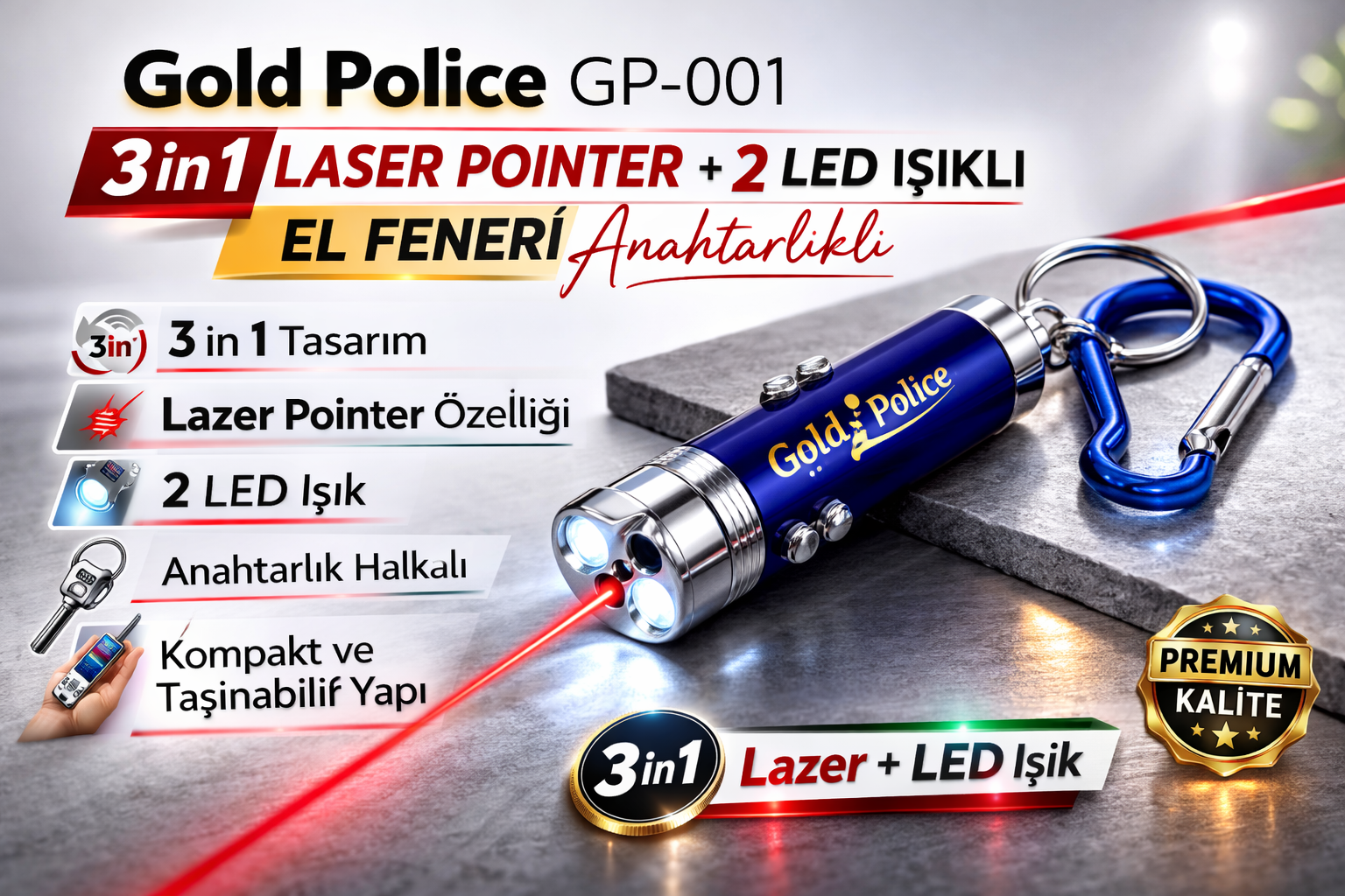 Gold  GP-001 3 in 1 Lazer + 2 LED Işıklı El Feneri Anahtarlıklı 1 Adet