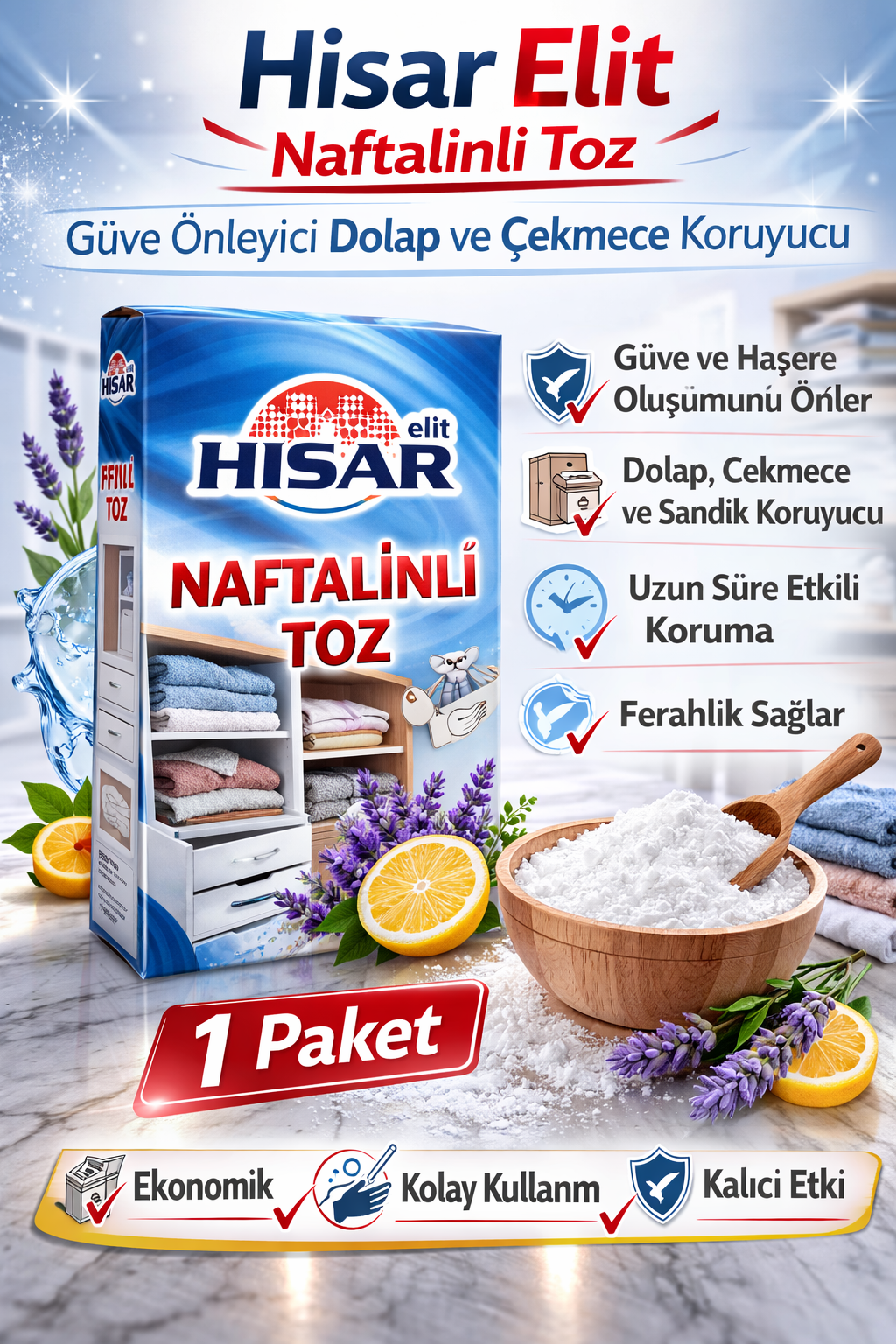 Hisar Elit Naftalinli Toz Güve Önleyici Dolap ve Çekmece Koruyucu 1 Adet